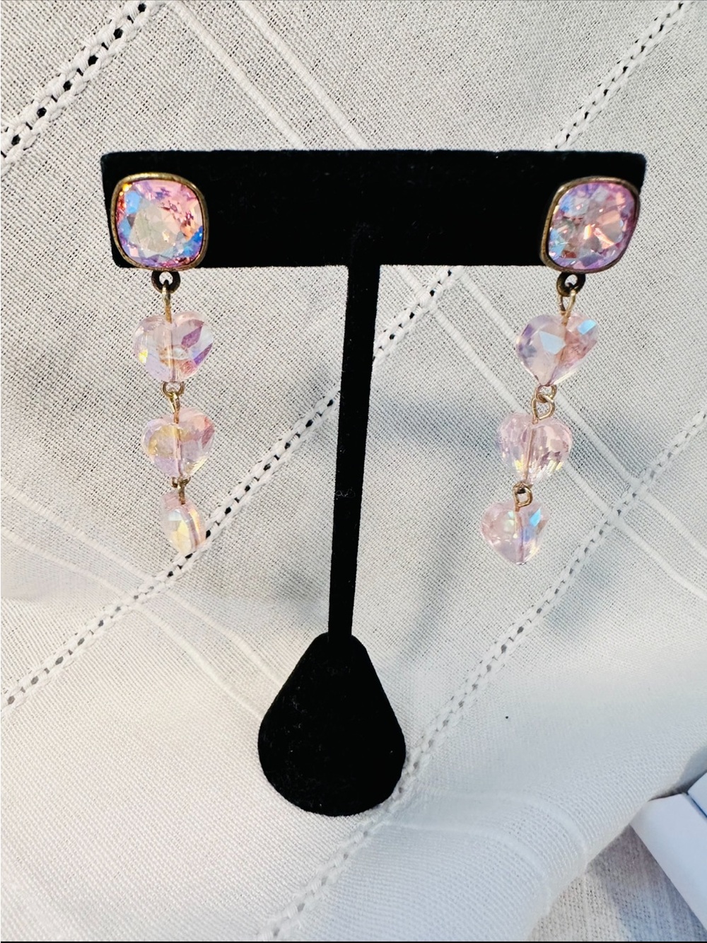 Crystal Drop Heart Dangle Earrings - Pink